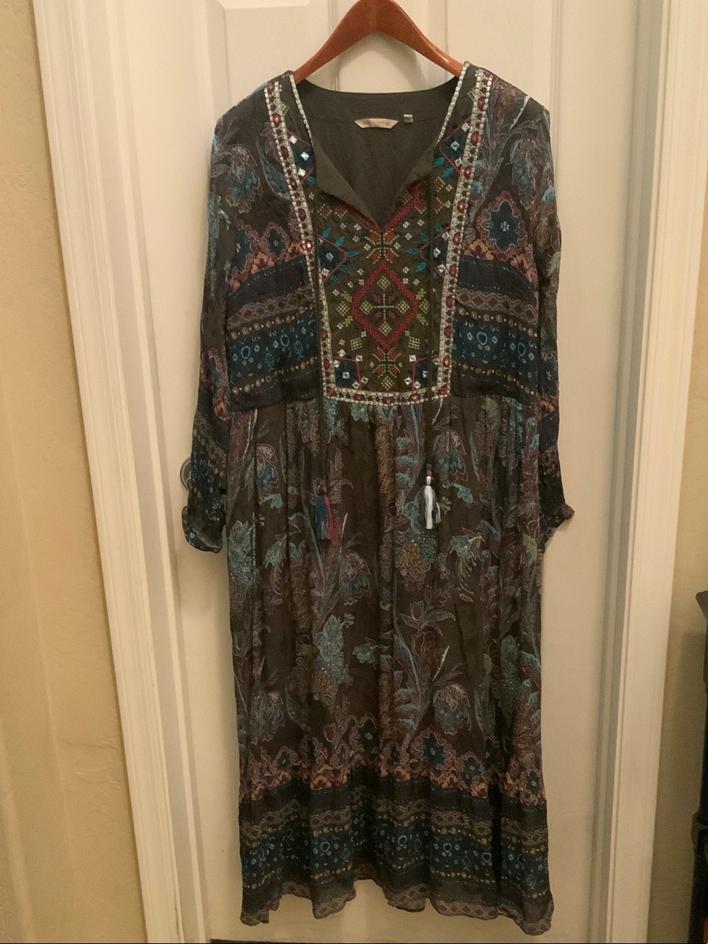 Soft Surroundings Olive Maxi Dress with Multicolor Embroidery